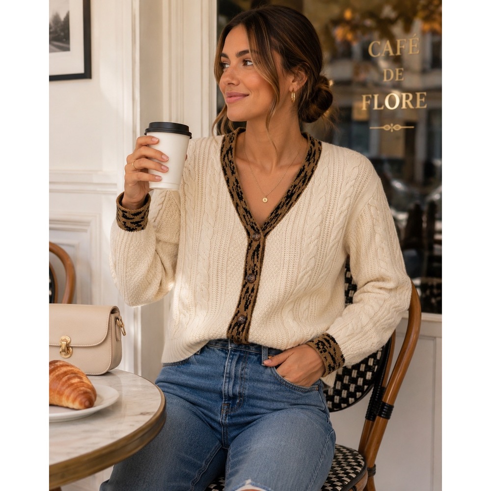 Chic Preppy Cable Knit Leopard Trim Cardigan Sweater Cozy Fall Luxe Cream Sz M
